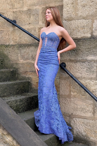 Periwinkle Strapless Floral Mermaid Long Prom Dress,BD930855