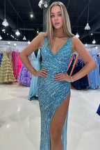Mermaid V Neck Blue Sequins Long Prom Dresses