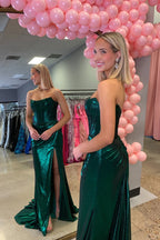 Mermaid Strapless Dark Green Long Satin Prom Dresses