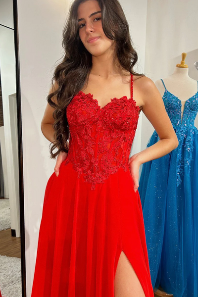 Red Sweetheart Chiffon Appliques Long Prom Dresses,BD93149