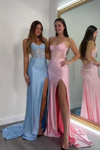 Long Mermaid Scoop Neck Satin Prom Dresses
