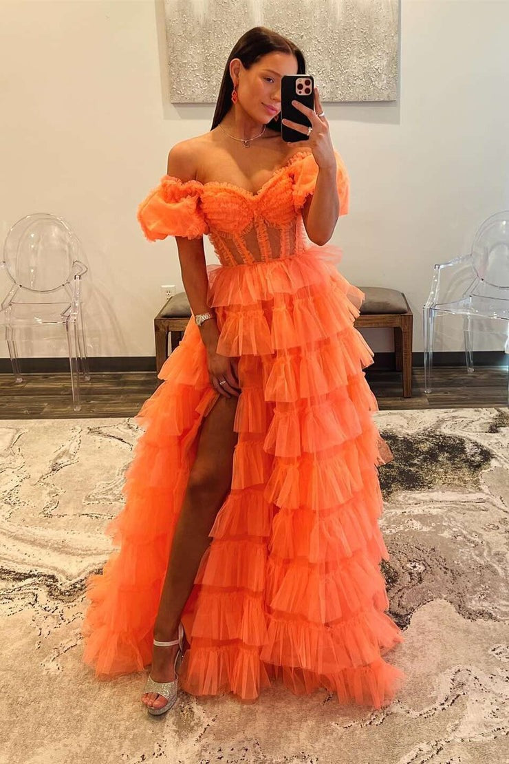 Ball Gown Orange Tulle Strapless Tiered Prom Dresses