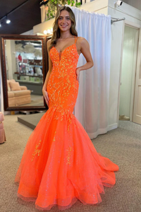 Orange V Neck Tulle Mermaid Long Prom Dresses with Appliques,BD93265