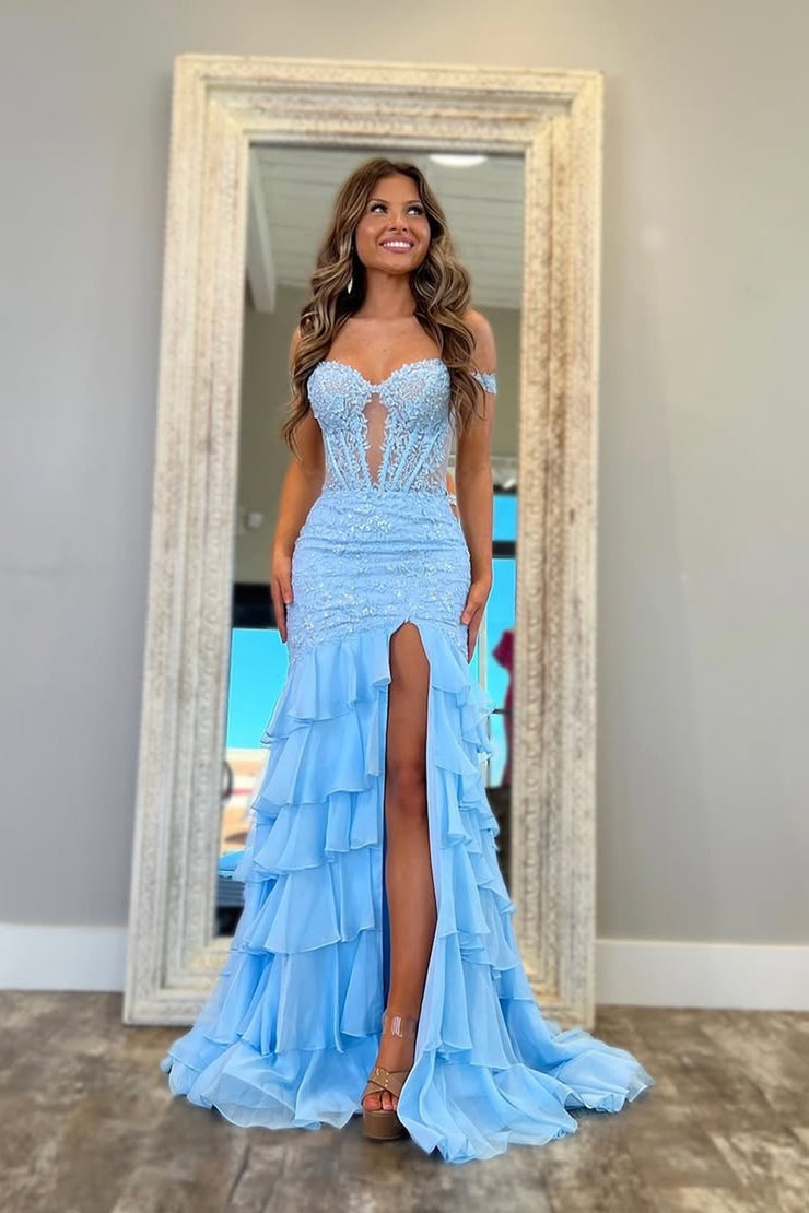 Mermaid Sweetheart Light Blue Tiered Chiffon Prom Dresses – luladress