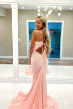 Charming Mermaid Blush Pink Satin Long V Neck Prom Dresses