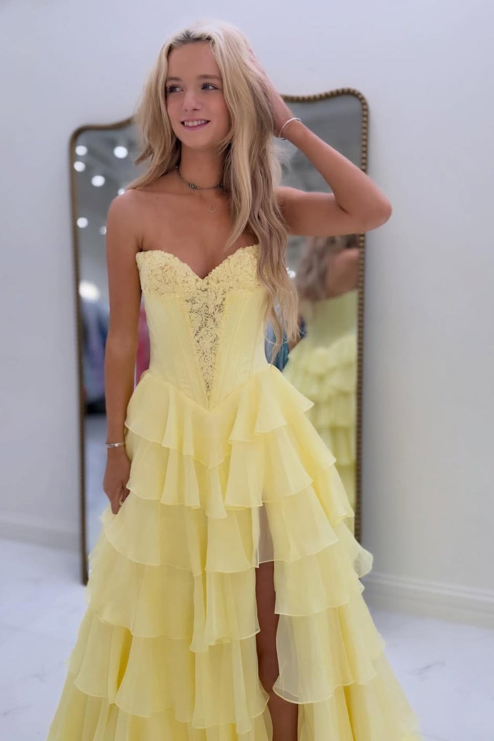 Yellow A-Line Strapless Ruffle Tiered Chiffon Prom Dress