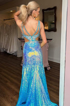 Mermaid V Neck Blue Sequins Prom Dresses