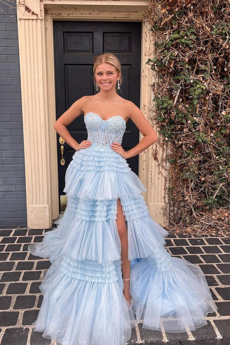 Blue Strapless Ruffle Tiered Tulle Long Prom Dresses Pic Color / US16 Blue Strapless Ruffle Tiered Tulle Long Prom Dresses Pic Color / US16
