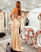 V Neck Champagne Satin Mermaid Long Prom Dresses