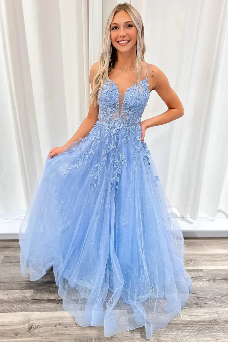 Light Blue Tulle Appliques Plunge V A-Line Long Prom Dresses