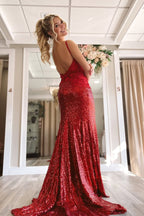 Mermaid V Neck Red Long Sequins Prom Dresses
