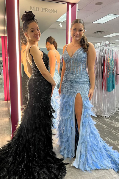 Blue Sequin V Neck Lace Long Prom Dresses with Feather,BD93096