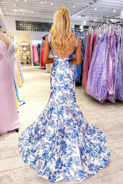 Superbes robes de bal sirène à col en V et imprimé floral