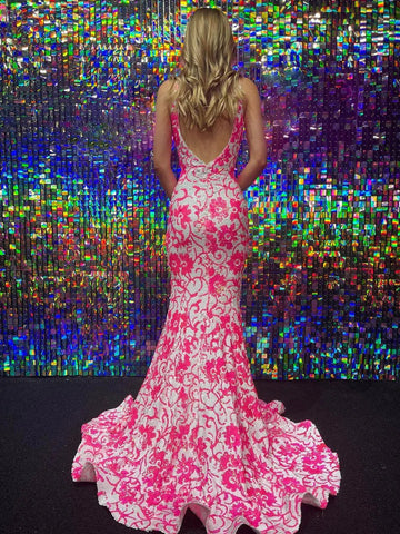 V Neck Blue White Sequins Long Mermaid Prom Dresses