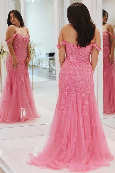 Pink Mermaid Off the Shoulder Tulle Long Prom Dress with Appliques,BD93105