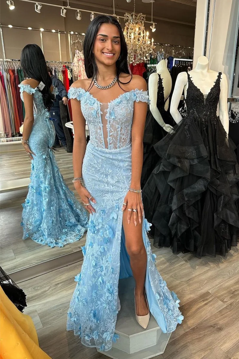 Off The Shoulder Floral Lace Long Prom Dress With Split Sky Blue / 10