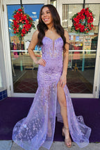 Mermaid Spaghetti Straps Lilac Sequin Lace Long Prom Dresses