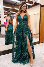 Dark Green Sequin Lace V Neck Long Prom Dresses