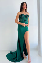 Mermaid Strapless Dark Green Satin Long Prom Dresses