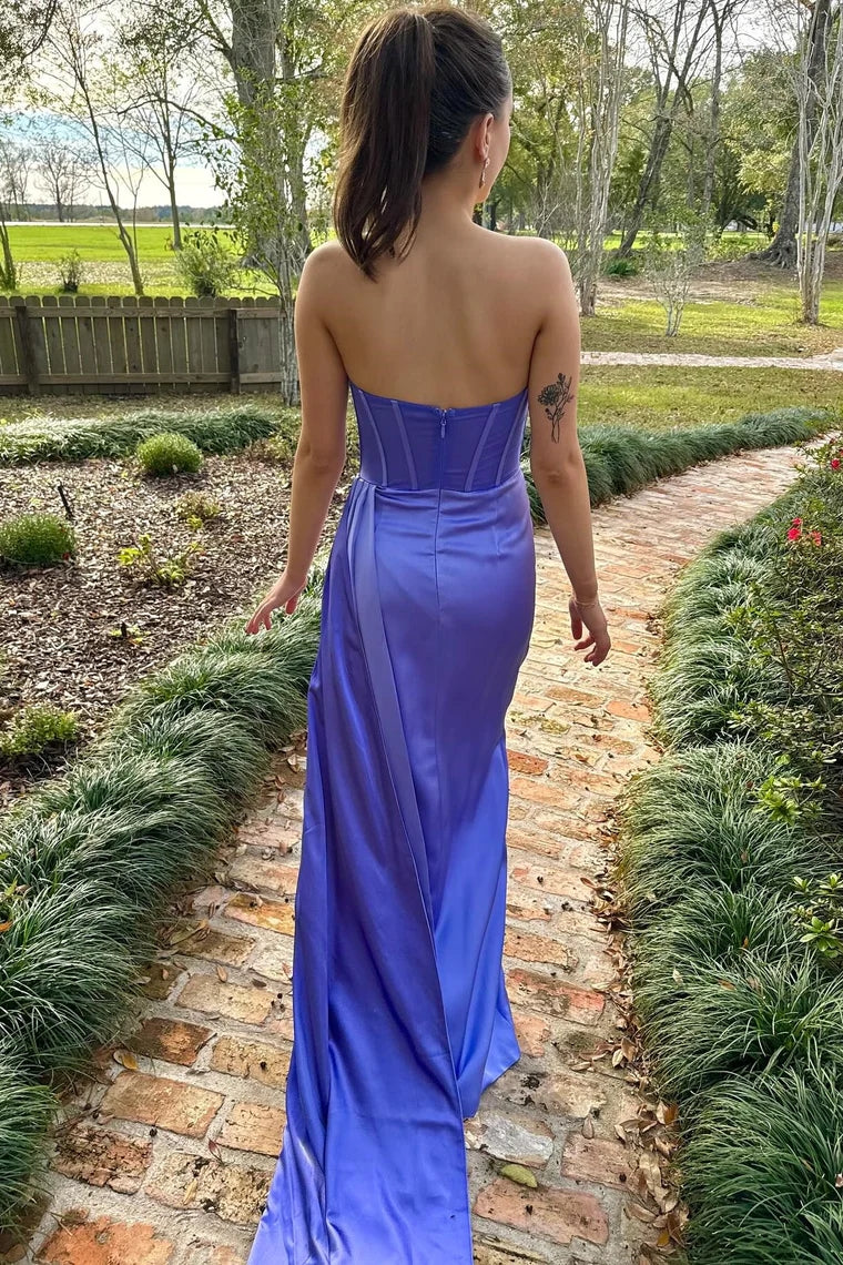 Periwinkle Strapless Pleated Prom Dresses