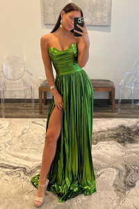 Green Strapless Pleated A-Line Long Prom Dresses,BD93254