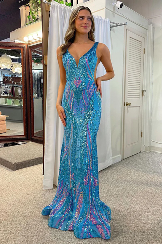 Blue V Neck Sequin Lace Mermaid Long Prom Dresses,BD93268