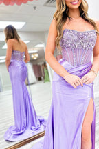 Mermaid Strapless Lavender Satin Long Prom Dress