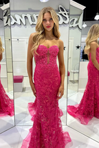 Fuchsia Sweetheart Tulle Lace Long Prom Dresses with Appliques