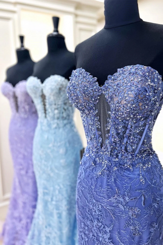 Periwinkle Strapless Floral Mermaid Long Prom Dress