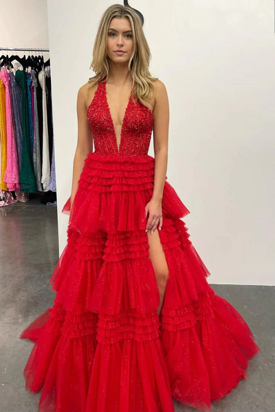 Red Tulle Appliques Halter Ruffle Tiered Ball Gown,BD93175