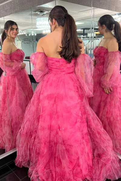 A-Line Hot Pink Print Sweetheart Long Prom Dresses,BD93135