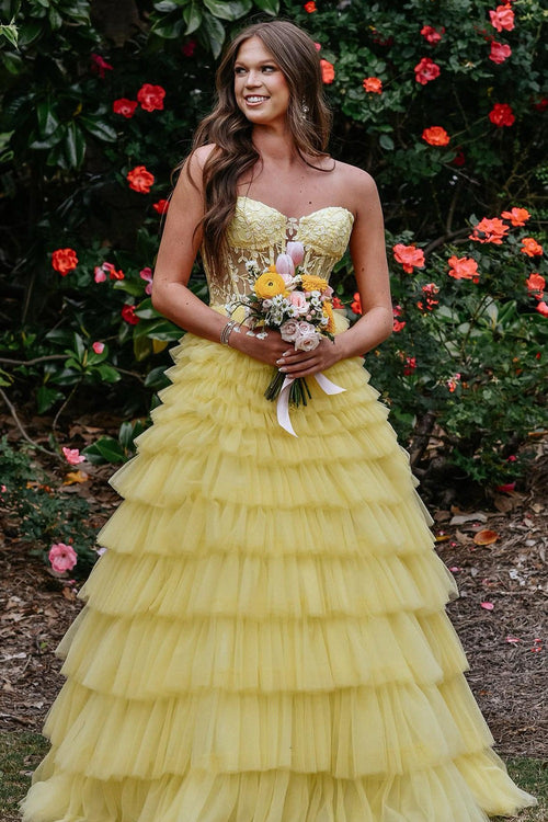 Cute Sweetheart Yellow Tiered Tulle Long Prom Dresses – luladress