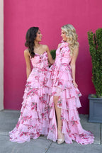 A Line Pink Chiffon Floral Print Satin Long Prom Dresses