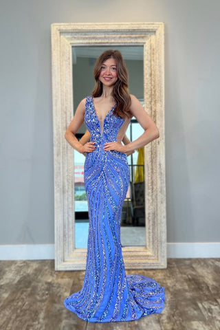 Mermaid Deep V Neck Blue Sequins Long Prom Dresses