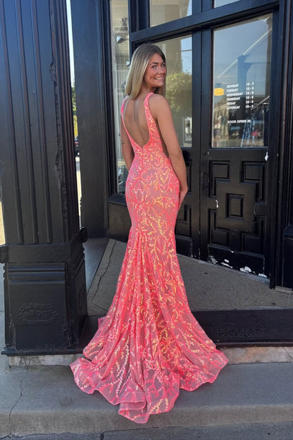 Belles robes de bal sirène longues à sequins corail et col en V