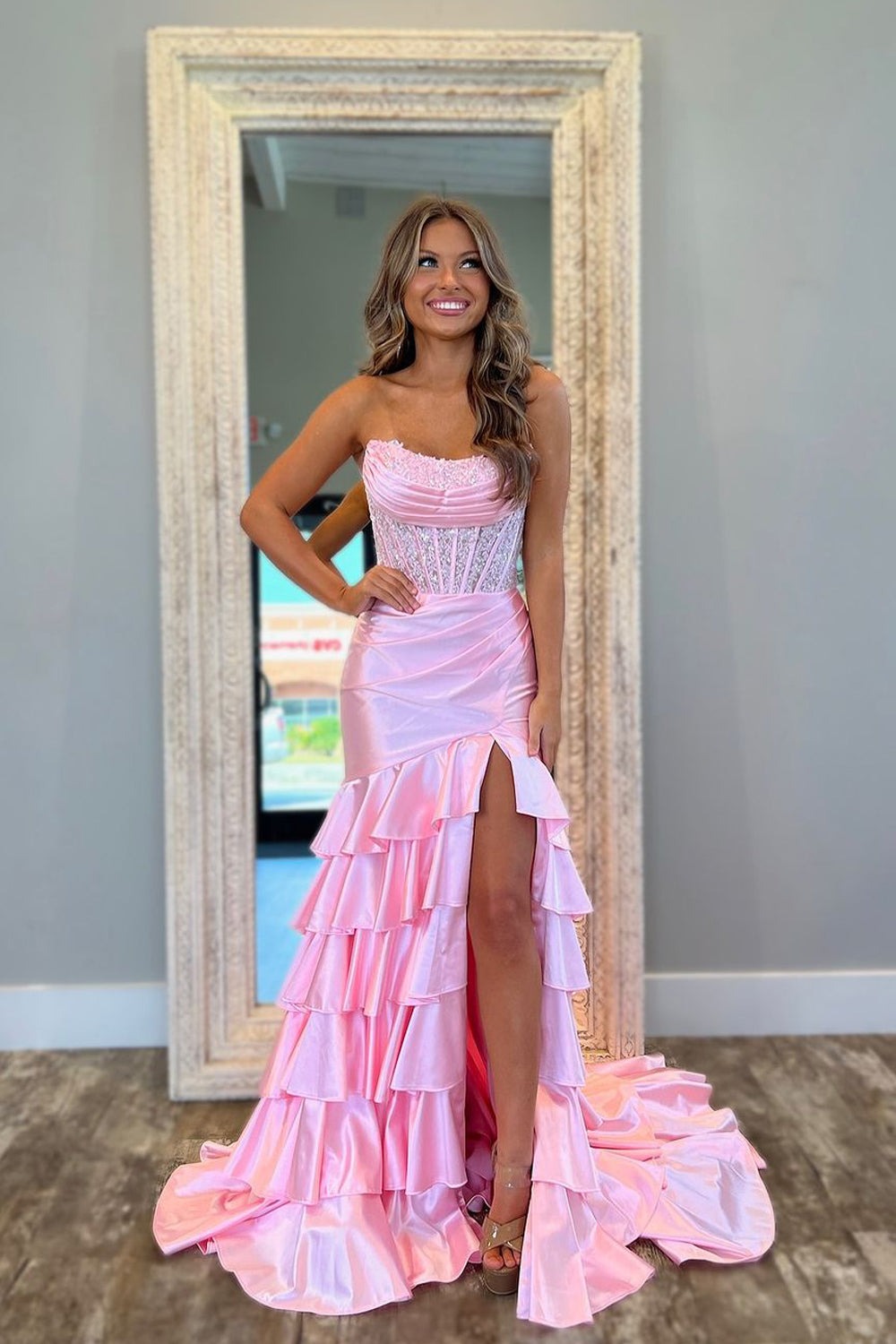 Mermaid Strapless Pink Satin Slit Prom Dresses with Appliques