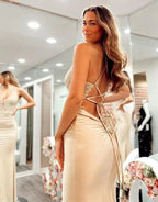 V Neck Champagne Satin Mermaid Long Prom Dresses