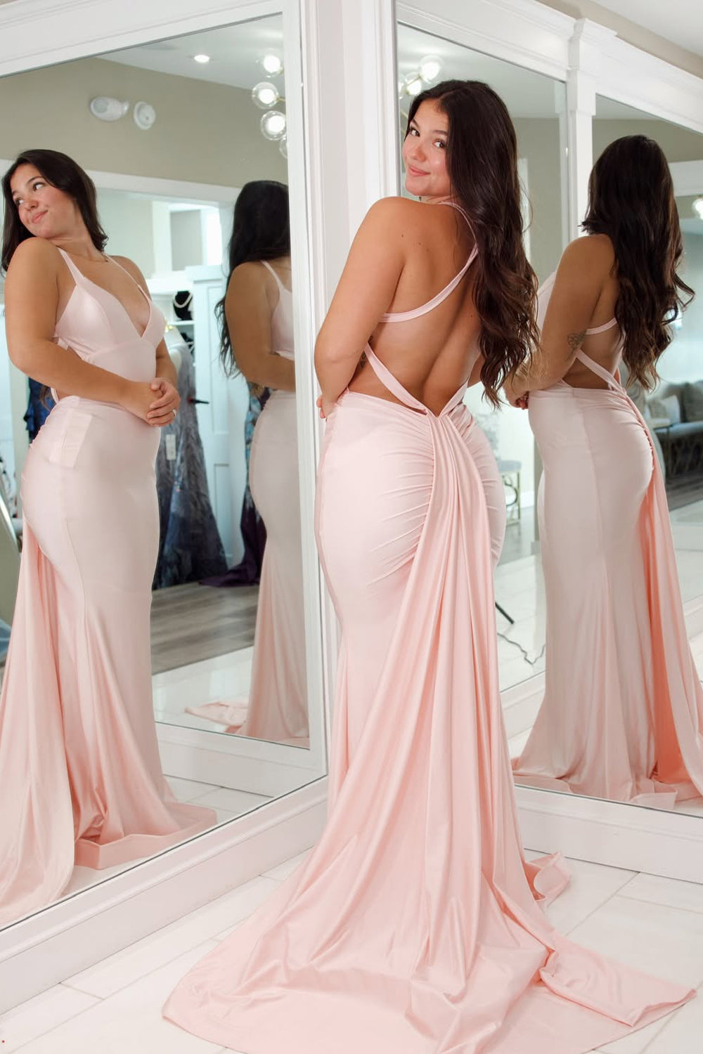 Mermaid V Neck Pink Stretch Satin Prom Dresses