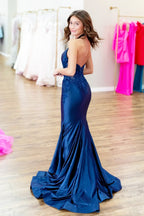 Mermaid V Neck Navy Satin Long Prom Dresses