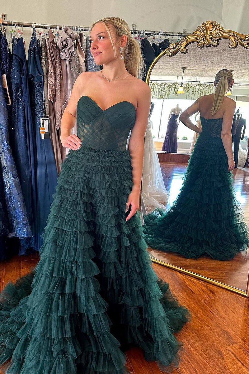 Dark Green Ruffle Tiered Tulle Strapless Long Prom Dresses – luladress