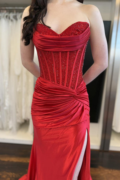 Robes de bal longues en satin rouge sirène chérie
