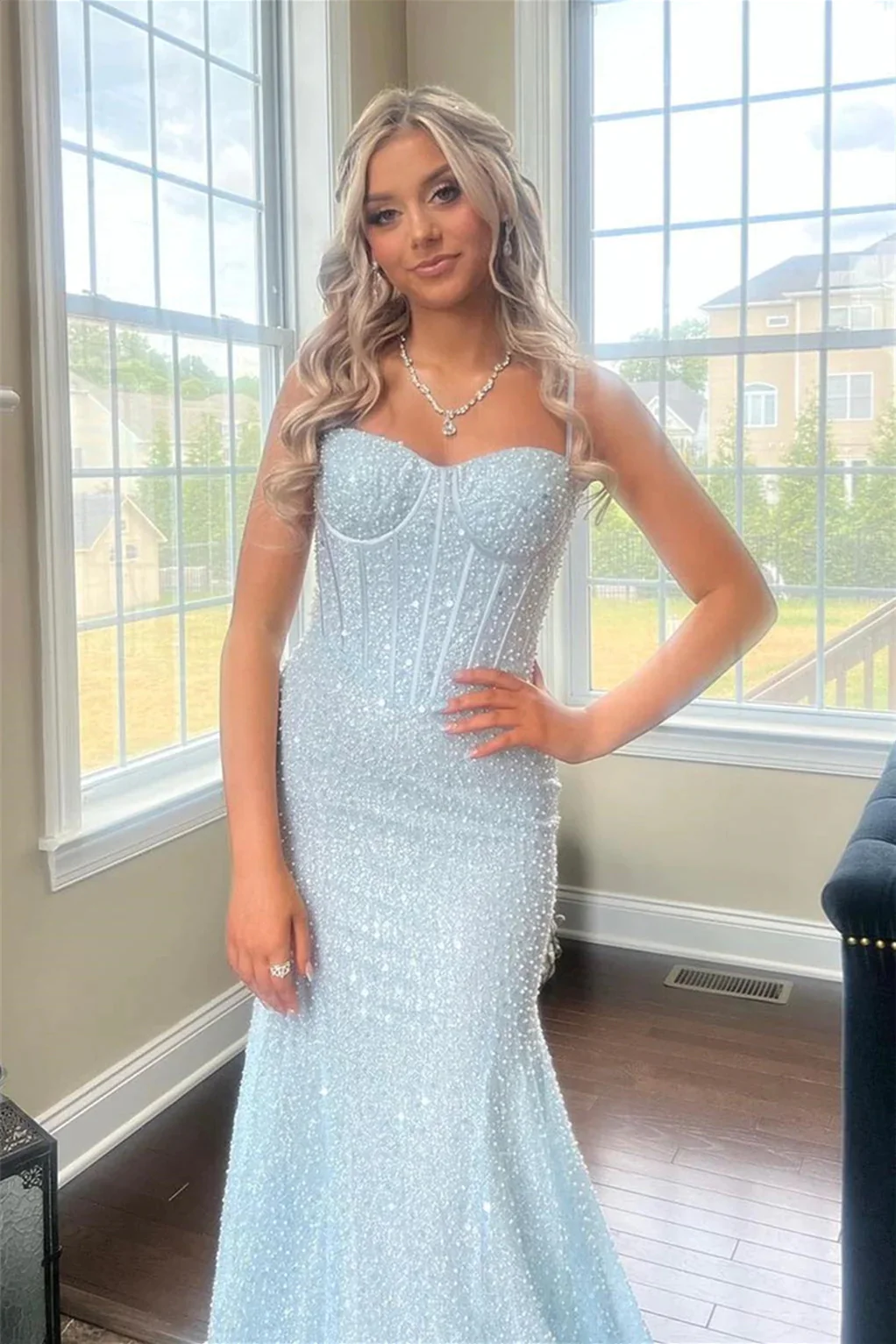 Light Blue Sequins Straps Mermaid Long Prom Dresses luladress Light Blue Sequins Straps Mermaid Long Prom Dresses luladress