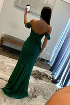 Dark Green Off-the-Shoulder Lace Long Mermaid Prom Dresses