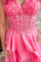 A-Line Chiffon Sweetheart Pink Ruffle Tiered Long Prom Dresses