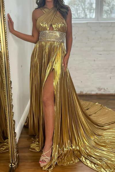 Glitter Golden Beaded Metallic Long A-Line Prom Dresses,BD93137