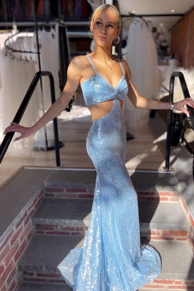 Mermaid Light Blue Sequin Twist-Front Lace-Up Long Prom Gown,BD93133