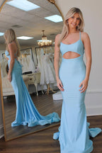 Mermaid Long Scoop Neck Light Blue Satin Prom Dresses