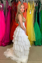 White V Neck Chiffon Tiered Long Prom Dresses