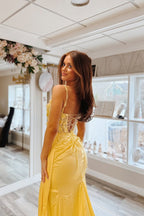 Sheath Mermaid Sweetheart Yellow Satin Prom Dresses
