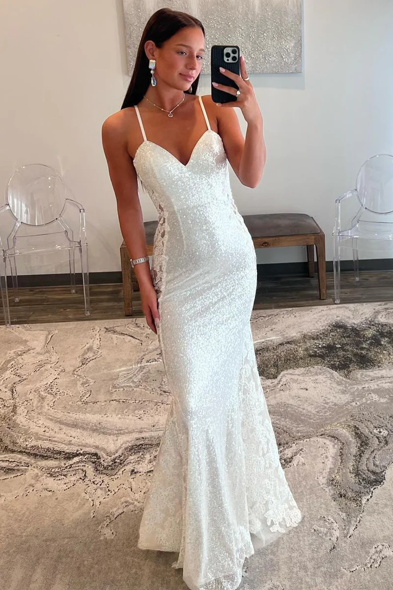 White V Neck Mermaid Sequin Long Prom Dresses Custom Color / US10 White V Neck Mermaid Sequin Long Prom Dresses Custom Color / US10